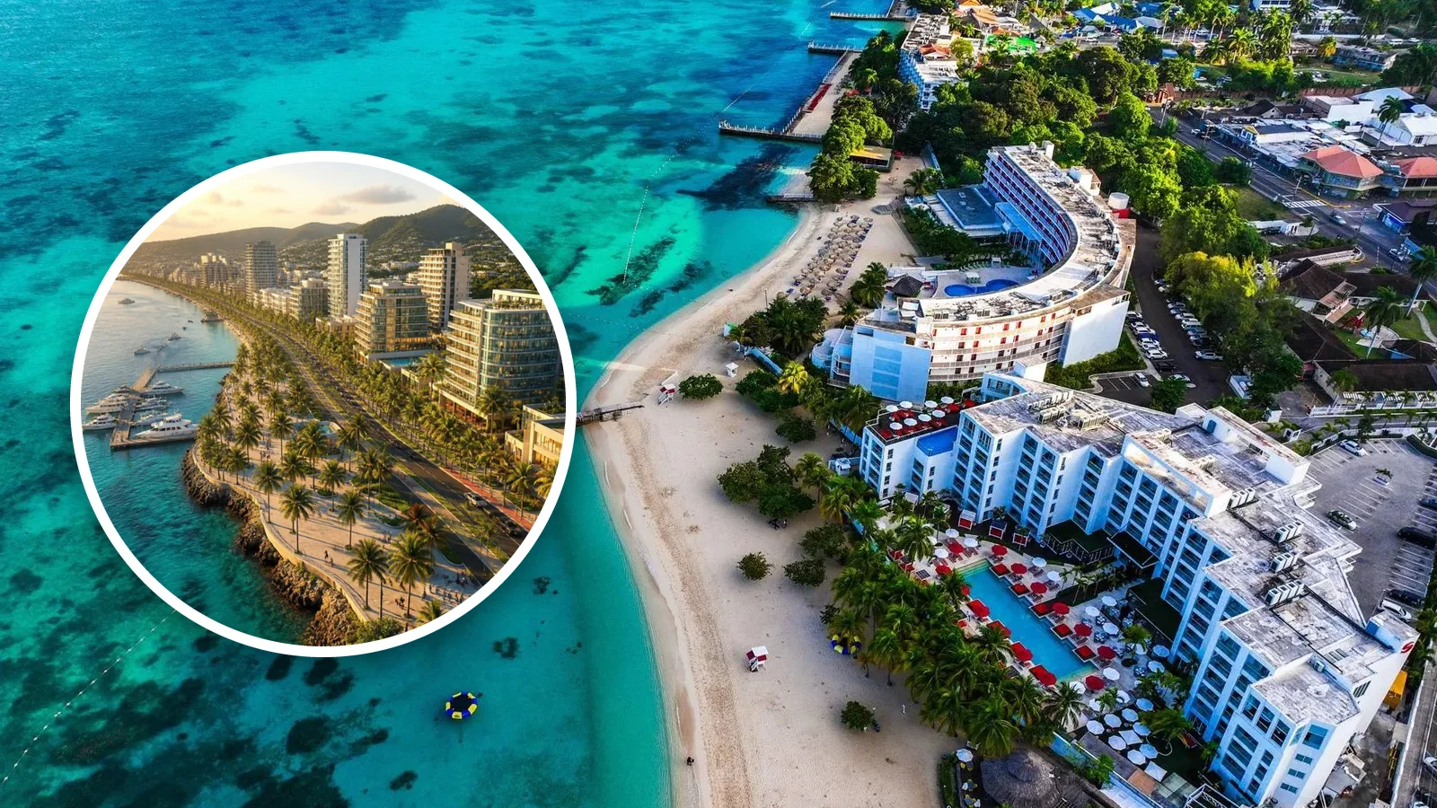 Aerial photo of Montego Bay's Hip Strip today, with a circular inset showing an artist's vision of a redesigned palm-lined waterfront boulevard