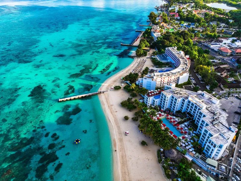 Montego Bay waterfront and hotels along the Hip Strip, seen from the air