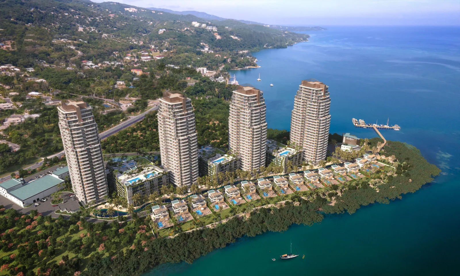 Aerial computer-generated image of The Pinnacle's four towers, villas and marina on the Reading Peninsula, Montego Bay, Jamaica