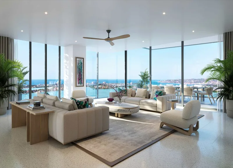 Computer-generated image of a living room at The Pinnacle with floor-to-ceiling glass and views across Montego Bay